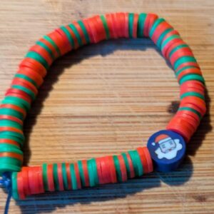 Red & Green Clay Bead Bracelet with Santa Accent