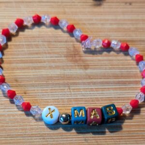 Red & Clear Glass Bead Bracelet with “Xmas” Accent